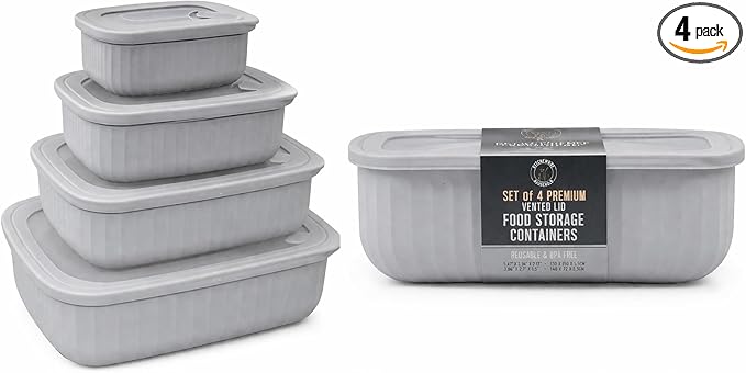 Set of 4 BPA Free Food Storage Containers with Vented Lids Assorted Sizes, Microwave & Freezer Safe, Leftovers, Meal Prep, Fridge Organization Dry Grains Storage (Light Gray)
