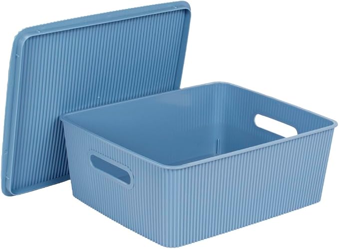Glad Storage Baskets with Lids - Set of 4 Stackable Plastic Boxes with Handles - Decorative Shelf Organizer Bins for Bathroom and Closet, Blue, 3.1 Gallons