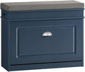 Haotian Shoe Storage Bench with Cushion, Navy Narrow Shoe Rack for Entryway, Small Shoe Cabinet with Flip-Drawer, Closet Hallway Mudroom FSR82-L-B