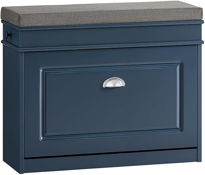 Haotian Shoe Storage Bench with Cushion, Navy Narrow Shoe Rack for Entryway, Small Shoe Cabinet with Flip-Drawer, Closet Hallway Mudroom FSR82-L-B