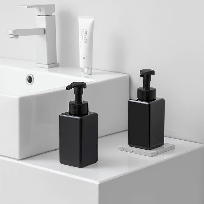 Foaming Soap Dispenser, 15oz Plastic Refillable Pump Bottle, 4 Pack, Black | Hand Dispenser for Liquid Soap, Shampoo & Body Wash – Saves Soap with Rich Foam, Reusable, Easy to Refill, BPA-Free