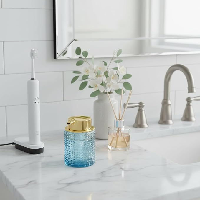 Glass Foaming Soap Dispenser,Foam Dispenser Bottle with Large Pump,Wide-Mouthed and Easy to Press,Refillable Hand Soap Dispenser for Bathroom Countertop and Kitchen Decor (1, Blue)