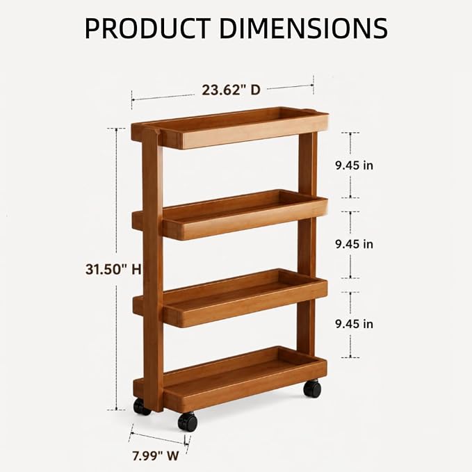 4-Tier Narrow Side Table with Wheels, Solid Wood Slim Rolling Storage Cart, Skinny End Table for Small Spaces, Moving Utility Shelf Organizer for Living Room, Bedroom, Kitchen, Bathroom