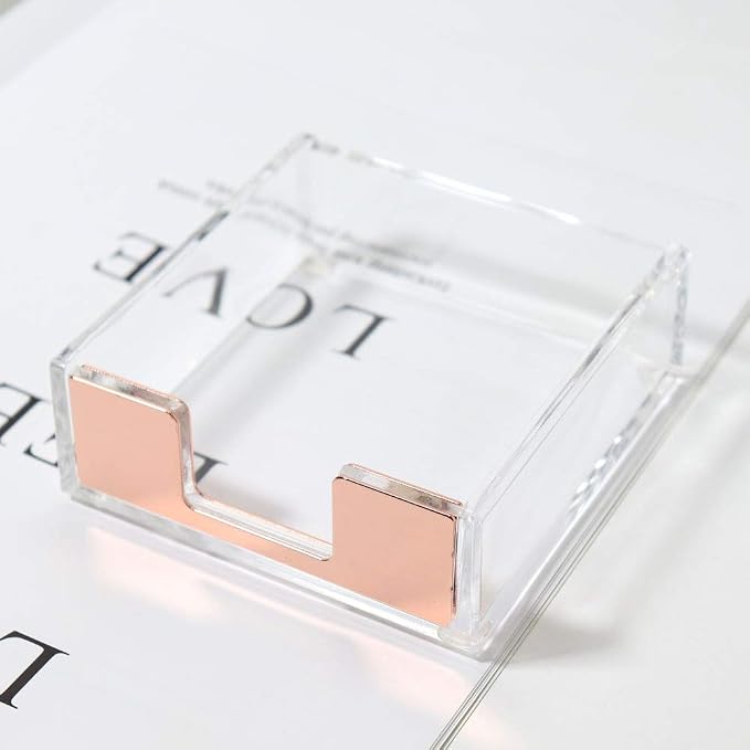 MultiBey Rose Gold Sticky Note Holder Clear Acrylic Memo Pad Dispenser | Clear Desk Supplies Organizer Accessories Post Note Pad Dispenser for Office Home Schools (Rose Gold)