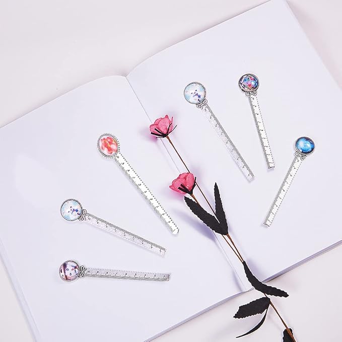 SUNNYCLUE 12PCS 2 Styles Ruler Pendant Tray Kit with 6Pcs Round Bookmark Cabochon Setting Blanks and 6Pcs Clear Domed Glass Cabochon for DIY Alloy Bookmark Making, Antique Silver