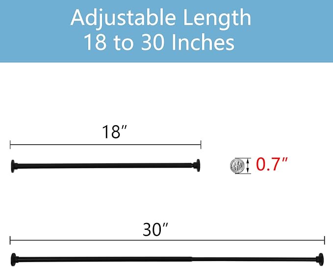 TYRON Small Thin Skinny Closet Rods for Hanging Clothes, 1/2" Diameter, 18 to 30 In. Adjustable Slim Closet Rod, Metal Closet Bar Hanging Rod for Closet Wardrobes Laundry RV (Black,2 Pcs)