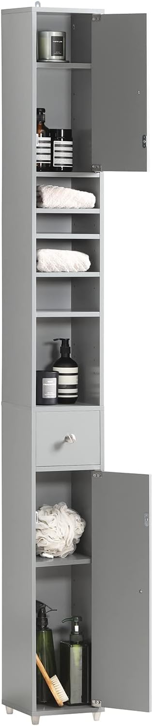SoBuy Bathroom Storage Cabinet Adjustable Shelves, Tall Narrow, Gray | Freestanding Bathroom Organizer With Customizable Shelves, Fit Small Laundry & Bathroom Corners, BZR34-HG