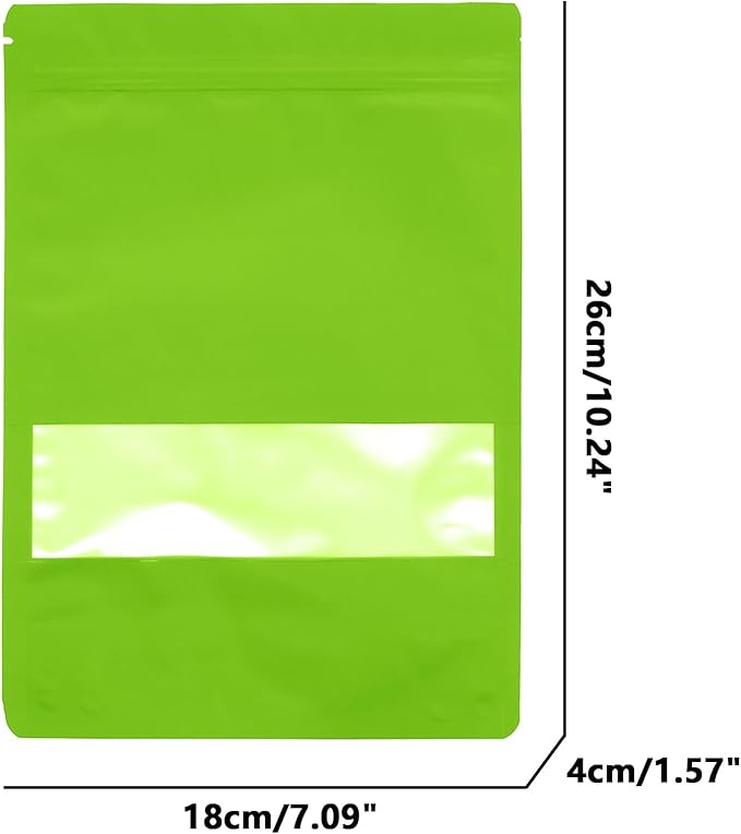 50PCS Foil Pouch Mylar Bags with Clear Window,ULIFESTAR Stand Up Sealable Bags with Tear Notches,Resealable for Food,Party Favors,Gift Packaging and Small Business(18 * 26cm/7.09 * 10.24",Green)