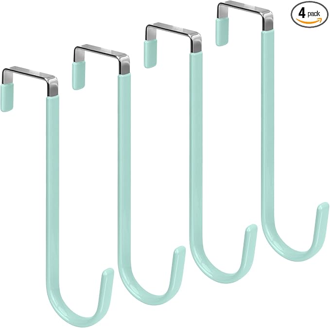 FYY Over the Door Hooks, Single-Hanger 4 Pack, Fits Doors 1.6" Green | Heavy Duty Metal, Hold 20lbs, Rubber-Coated, No-Drilling, for Bathroom Dorm, Hanging Towels Clothes Hats Bags Coats Wreaths