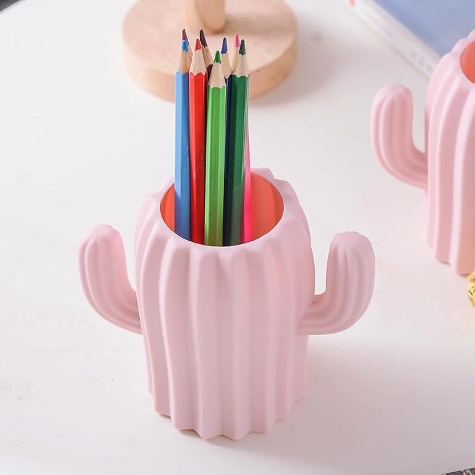 Silicone Pen Holder Cactus Pencil Holder Cute Pens Cup for Desk for Kids Office Decor Desk Accessories Makeup Brush Holder, Toothbrush holder Gift for Girls (Pink)