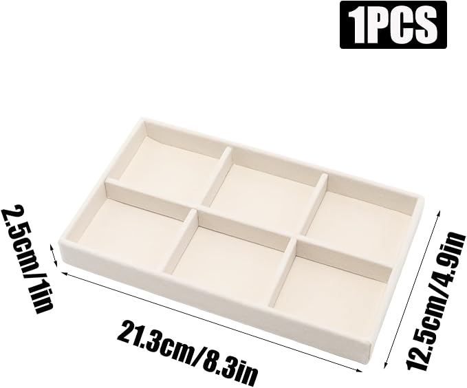 Velvet Jewelry Organizer Trays Beige Stackable Jewelry Storage Display Tray with Removable Dividers, 6 Grids