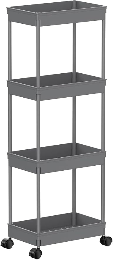 Sooyee 4 Tier Wide Storage Cart Mobile Shelving Unit Organizer Slide Out Storage Rolling Utility Cart Tower Rack for Kitchen Bathroom Laundry, Plastic & Stainless Steel,Grey