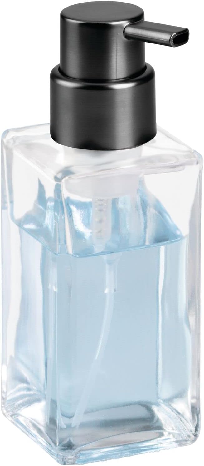 mDesign Glass Refillable Foaming Hand Soap Dispenser Modern Square Pump Bottle for Bathroom Vanities or Kitchen Sink, Countertops - 2 Pack - Clear/Black