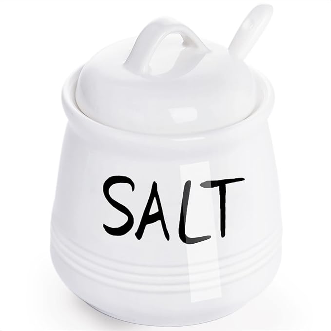 HAOTOP Salt Bowls with Lid and Spoon -12 oz Ceramic Salt Cellar, Salt Containers, Spice Box for Counter, Farmhouse Kitchen Decor, White