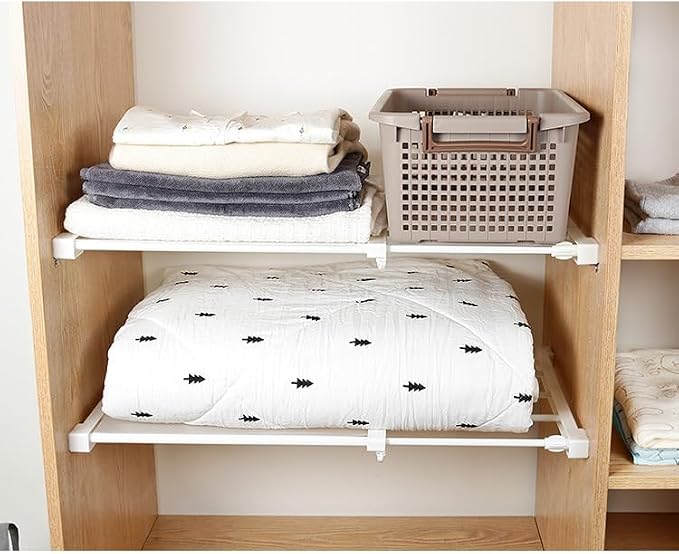 Closet Tension Shelf & Rod Expandable, Adjustable Storage Rack Cabinet, Extendable Storage Shelf, Metal Wardrobe Partition, Divider Separator for Cabinet Wardrobe Cupboard Kitchen Bathroom