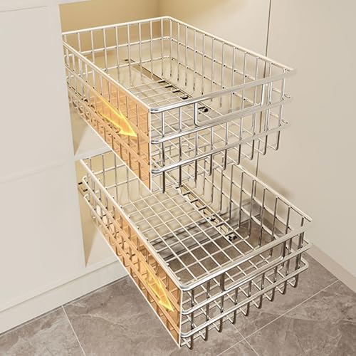 2 Pack Pull Out Wire Storage Baskets for Kitchen Cabinet - Ideal Pantry Organizers for Kitchen, Bathroom & Bedroom - Versatile Storage Solutions, Space-Saving Design