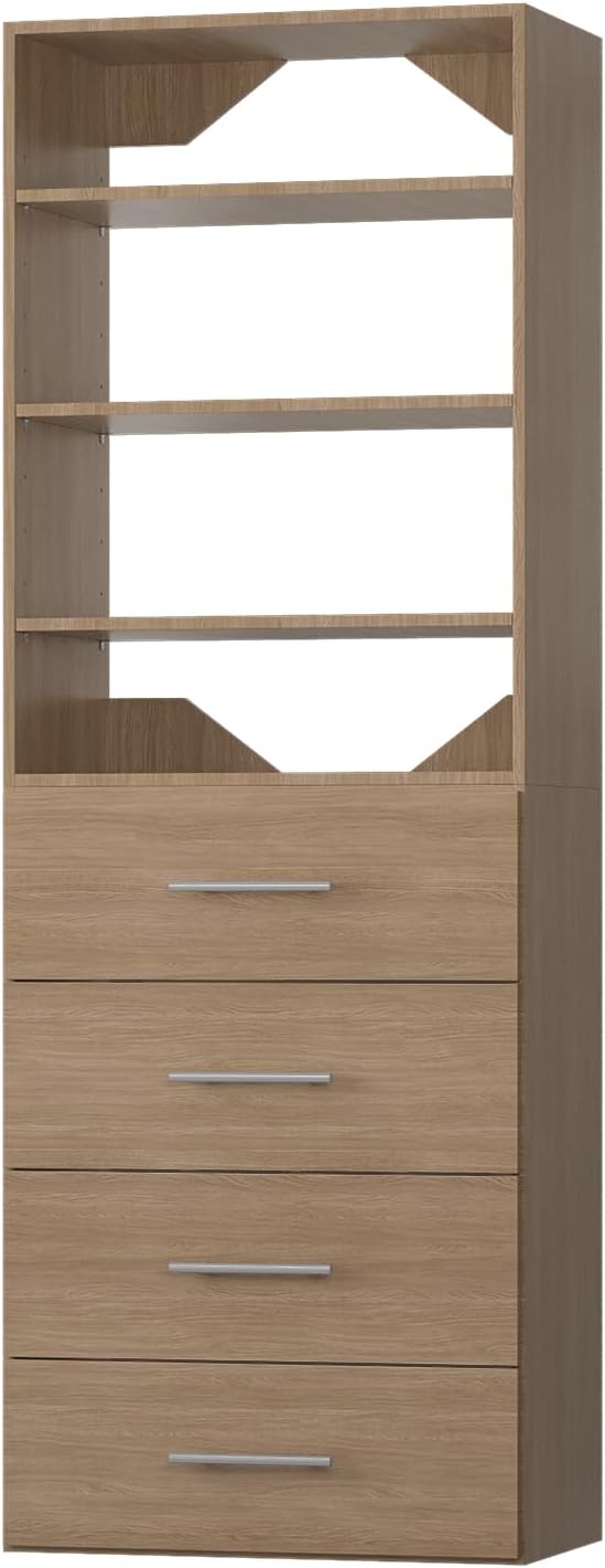 ROOMTEC Modular Closet System, 31.5" 4 Drawer Shelf Closet Tower Wall-Mounted Closet Organizer, Wooden Tower for Walk-In Closets, Wardrobe Storage Kit, Wood