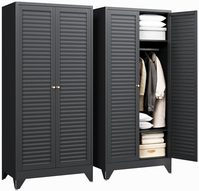 Letaya Armoire Wardrobe Closet,20" Deep Metal Wardrobe Cabinet with Doors and Shelves,Hanging Rod Clothing Storage Cabinets for Home RoomBlack