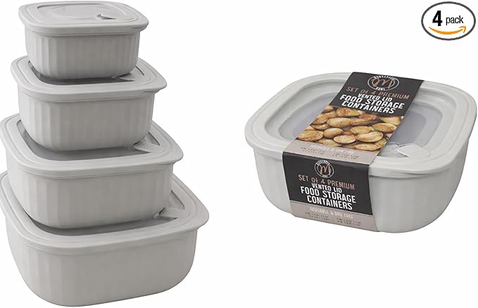 Set of 4 BPA-Free Square Food Storage Containers Assorted Sizes, Microwave & Freezer Safe Nesting Design for Leftovers Meal Prep Fridge Organization Dry Grains (Gray)
