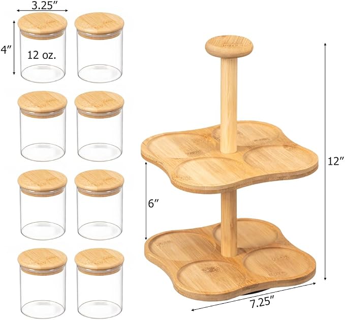 Basicwise Minimalist Two-Tier Bamboo Lazy Susan Turntable with 8 Pcs 12 oz Airtight Lid Glass Jars, Versatile Spice Rack Organizer, Perfect for Kitchen Countertops, Dining Tables, and Pantry Cabinets