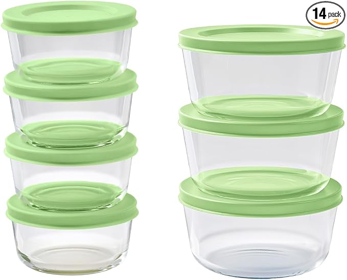 14-Piece Glass Food Storage Containers Set (7 Containers + 7 BPA-Free Lids) | 1-Cup & 2-Cup, Leakproof | Microwave, Freezer, Oven & Dishwasher Safe | Ideal for Meal Prep & Pantry Organization, green