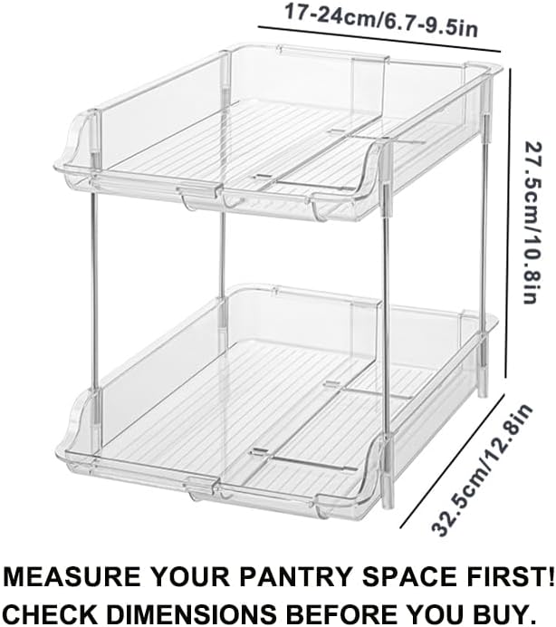Expandable Cabinet Organizer Shelf, 2-Tier kitchen Counter Organization Shelves, Spice Rack,Clear Plastic Countertop Storage Rack for Makeup, Pantry, Cupboard, Bathroom, Desk Organization
