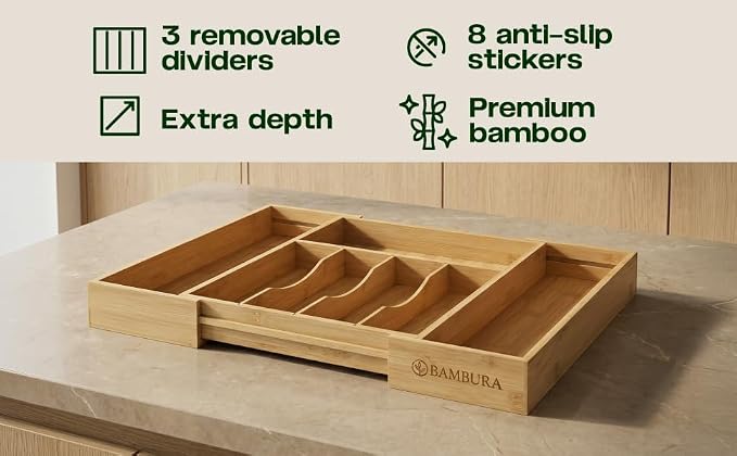 Expandable Bamboo Silverware Drawer Organizer, Kitchen Utensil Tray