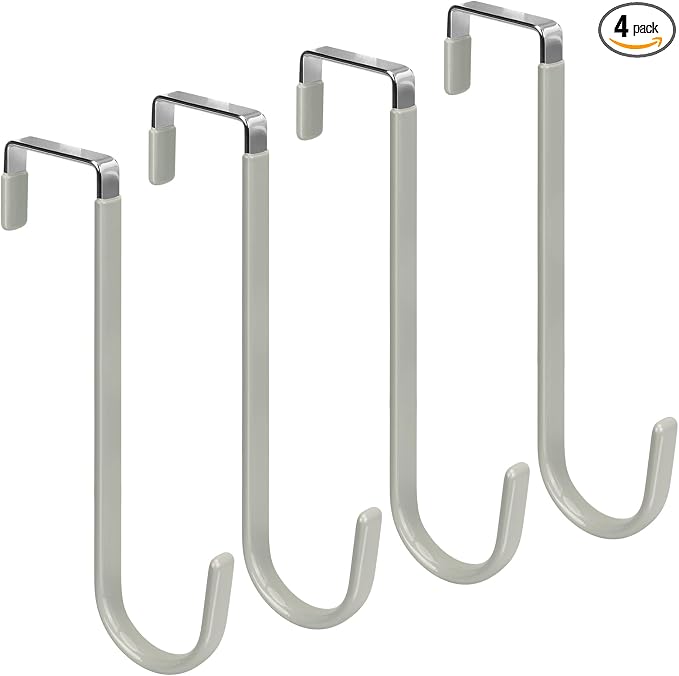 FYY Over the Door Hooks, Single-Hanger 4 Pack, Fits Doors 1.6" Grey | Heavy Duty Metal, Hold 20lbs, Rubber-Coated, No-Drilling, for Bathroom Dorm, Hanging Towels Clothes Hats Bags Coats Wreaths