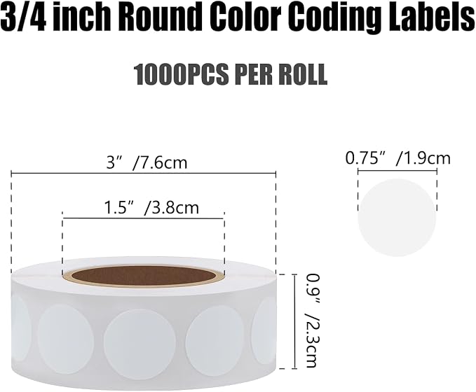 Hybsk White Permanent Color-Code Dot Stickers Round Semi Gloss Paper Stickers Adhesive Label (3/4 inch)