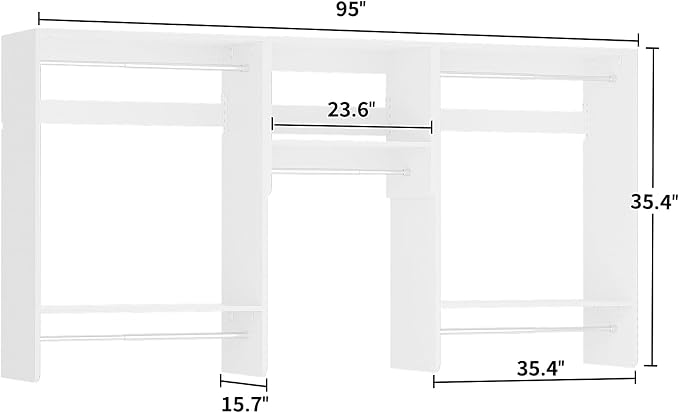 Unikito 36” - 96” Closet System, 8FT Walk in Closet Organizer Starter Kit with 5 Hanging Rods and 3 Shelves, Heavy Duty Reversible Wood Clothing Racks, Cut Be Cut to Fit, Max Load 1200 LBS, White