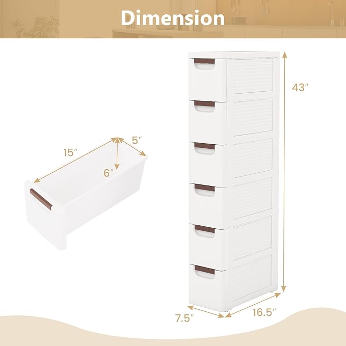 LOKO 6-Drawer Narrow Storage Cabinet, Slim Rolling Cart (7.5"x16.5"x43") | Mobile Plastic Cart Container | Pull Handles & Built-in Wheels | For Living Room, Kitchen, Bathroom, Office