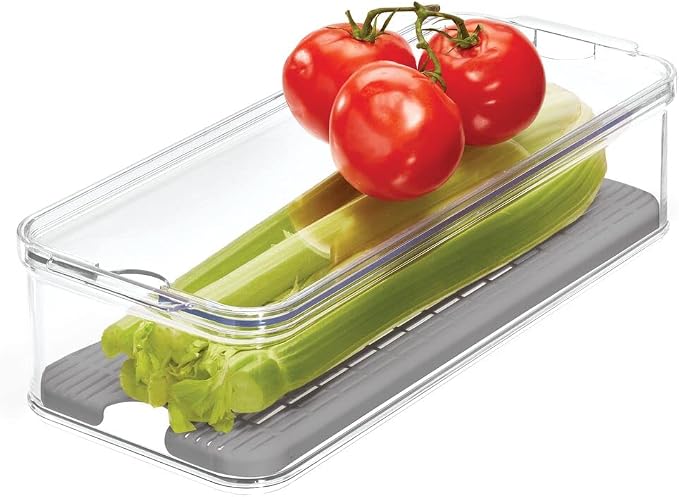 iDesign Crisp Produce Plastic Refrigerator and Modular Stacking Pantry Bin with Lid and Removable Inner Basket, Perfect for Washing Vegetables, Fruit, Lettuce, BPA Free 15.72" x 6.32" x 3.76" | Drain Tray, For Fruits & Veggies, Clear