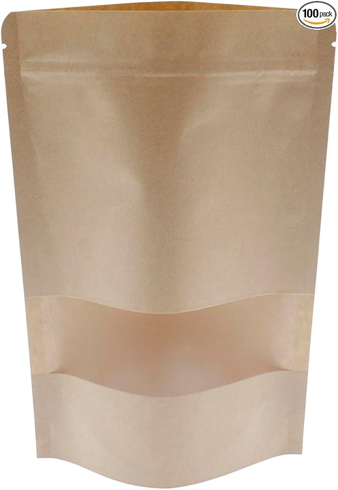 Kraft Paper Zipper Pouches,ULIFESTAR Kraft Stand Up Zip Lock Pouch Bags,100PCS Resealable Bag with Transparent Window and Tear Notch Resealable Bag for Small Business HomeUse,7"*10.2"(18 * 26cm+4cm)