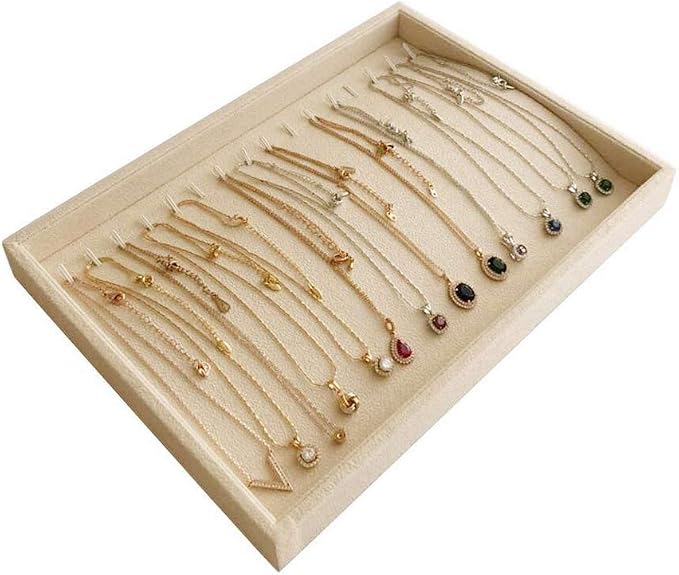 Premium Grade Beige Velvet Jewelry Organization Tray Necklace Watch Chain Bracelet Organizer Show Exhibit Home Drawer Divider Closet Insert
