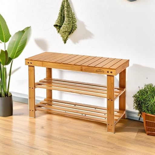 Purawood Bamboo 3 Tier Shoe Rack Bench, Premium Shoe Organizer or Entryway Bench, Perfect for Shoe Cubby, Entry Bench, Bathroom Bench, Entryway Organizer, Hallway or Living Room
