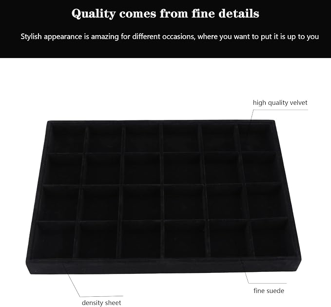 Large Velvet Jewelry Tray, Drawer Organizer for Jewelry in Dresser, Stackable Jewelry Drawer Organizer Inserts for Earring Necklace Bracelet Rings(Black,24grid)