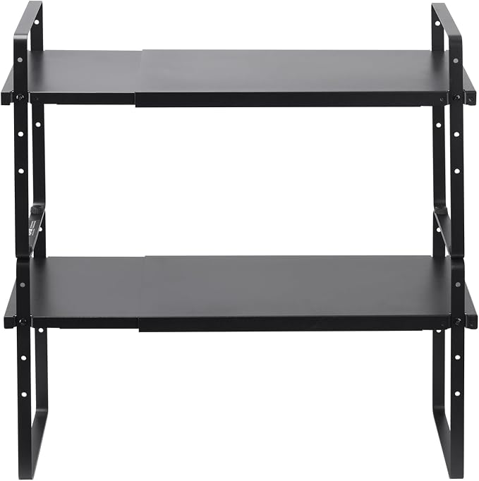 VEVOR Adjustable Kitchen Cabinet Shelf Organizer, Expandable 2 Tier Cabinet Shelf, Stackable Countertop Organizers and Storage Risers, Pantry for Kitchen Bathroom Office, Black