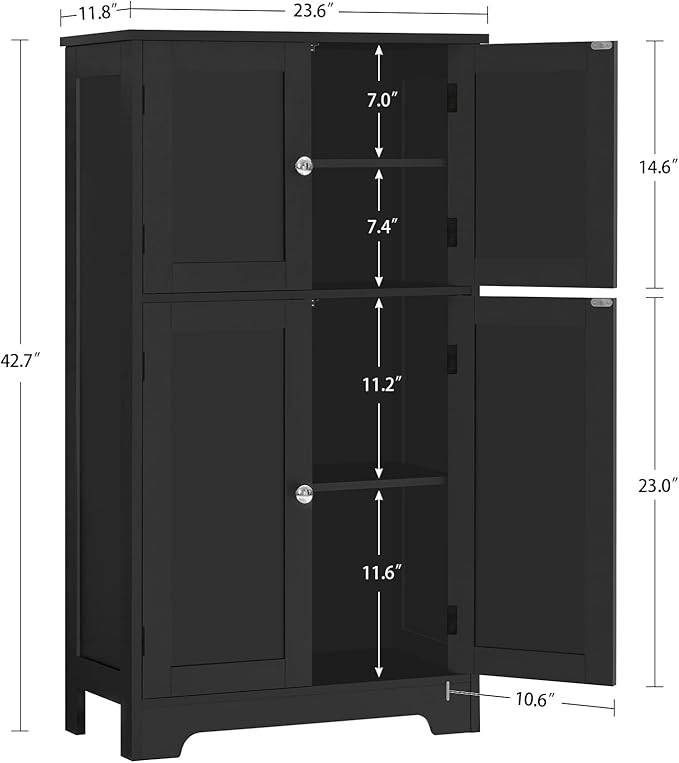 TEENFON Storage Cabinet, Rattan Cabinets with 2 Adjustable Shelves & 4 Doors, Bathroom Cabinet, Cupboard, Floor Cabinets for Living Room, Entryway, Kitchen, Home Office, Black