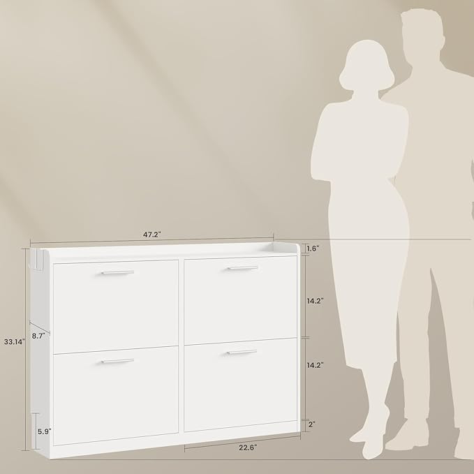 Shoe Cabinet with 4 Flip Drawers, Freestanding Shoe Rack Organizer with Adjustable Shelves, 47.2" W x 8.7" D x 33.1" H Narrow Shoe Storage Cabinet for Entryway, Foyer, Hallway, White