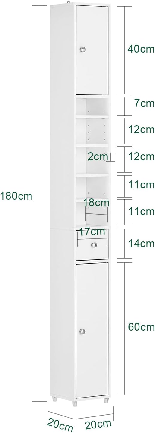 SoBuy Narrow Bathroom Storage Cabinet, 7.8 x 7.8 x 70.8 in, White | Anti-Tipping Narrow Freestanding Bathroom Cabinet With Adjustable Shelves, Slim Storage For Tight Bathroom Corners, BZR34-W