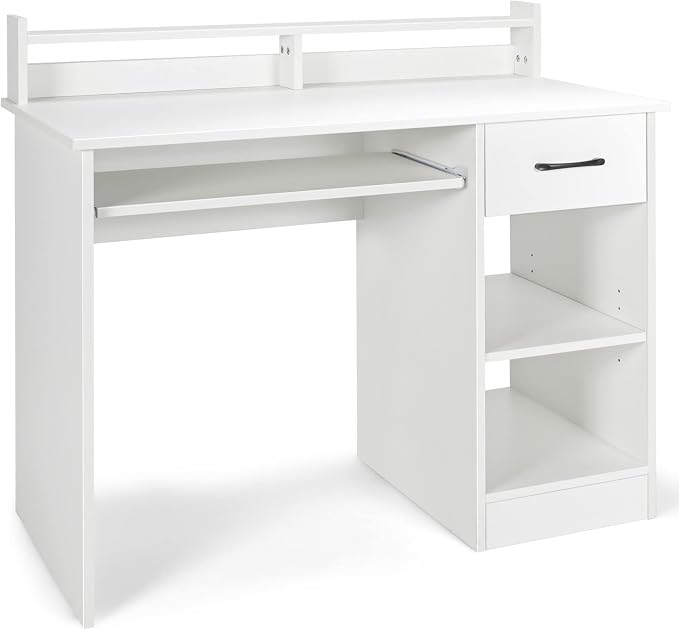 Tangkula White Computer Desk with Keyboard Tray & Drawer, Modern Wooden Study Writing Desk with Storage Shelves & Hutch for Home Office or Kids' Bedroom