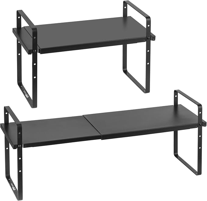 VEVOR Adjustable Kitchen Cabinet Shelf Organizer, Expandable 2 Tier Cabinet Shelf, Stackable Countertop Organizers and Storage Risers, Pantry for Kitchen Bathroom Office, Black