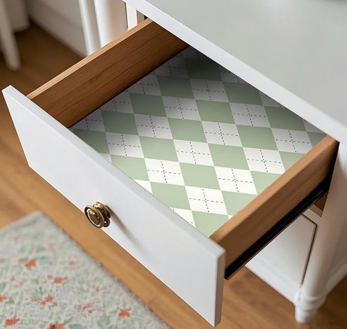 Coavas Shelf and Drawer Liner, Non Slip Extra Grip Non Adhesive Waterproof Thickened Cabinet Mat, Easy Cut for Kitchen Pantry Bathroom Dresser Cupboard (Green Rhombic, 12IN x 10FT)
