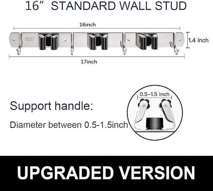 IMILLET Broom and Mop Holder Wall Mounted, Stainless Steel Broom Holder Mop Holder Self Adhesive Heavy Duty Hooks Storage Organizer for Home Laundry Room Garden Garage（3 Racks with 4 Hooks）