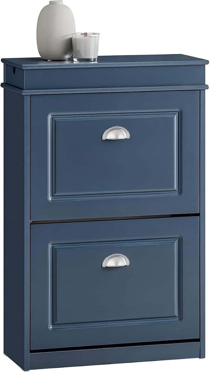 Haotian Slim Shoe Cabinet | Shoe Storage Cupboard Organizer Unit for Entryway 2 Flip-Drawers, Hallway and Bedroom Navy FSR78-B