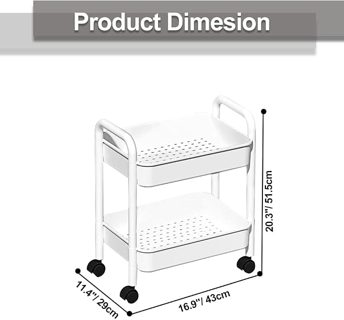 Melody House 2-Tier Utility Rolling Cart Storage Organizer Sofa Side Table with Wheels, Under Desk Mobile Trolley Organizer with Handle for Office Home Kitchen Organization, White