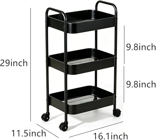 Multifunctional Rolling Utility Cart, 3-Tier Wheeled Storage Organizer with Brakes, Portable Shelving Unit for Home & Office Black