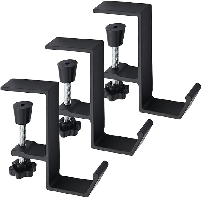 3 Pack Desk Bag Hook, Metal Hook Clamp (Black-A) | Under Desk Mount Bag Hook Clamp, Desk Hook for Headphones, Backpack Hooks Clamp