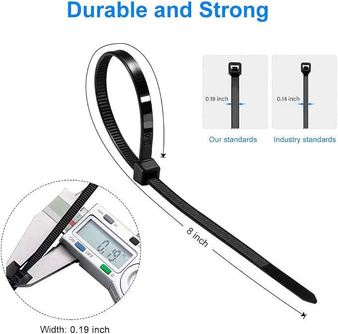 Zip Ties 8 inch Black Zip Ties 1000 Pack, Wire Ties with 50lb Tensile Strength, UV Resistant Cable Ties, Self-locking Plastic Ties for Indoor and Outdoor Use, by Tantti.