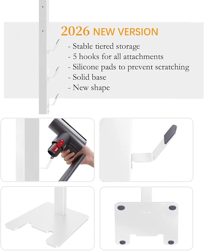XIGOO Dyson Vacuum Stand with 5 Hooks, White | Compatible with V15 Detect V11 V10 V8 V7 V6 Cordless Vacuum Cleaners & Accessories, Stable Metal Bracket Organizer Rack